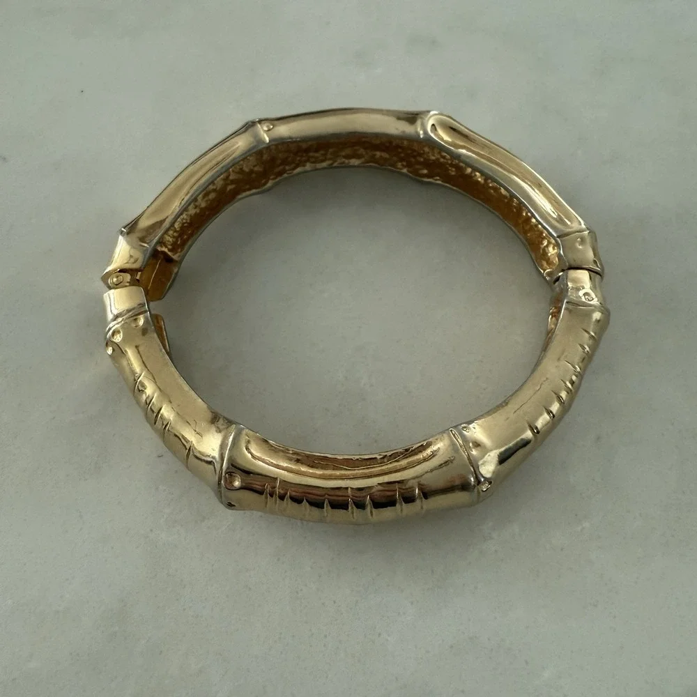 Castle Cliff‎ Gold Tone Hinged Bangle Bracelet Styled Like Bamboo